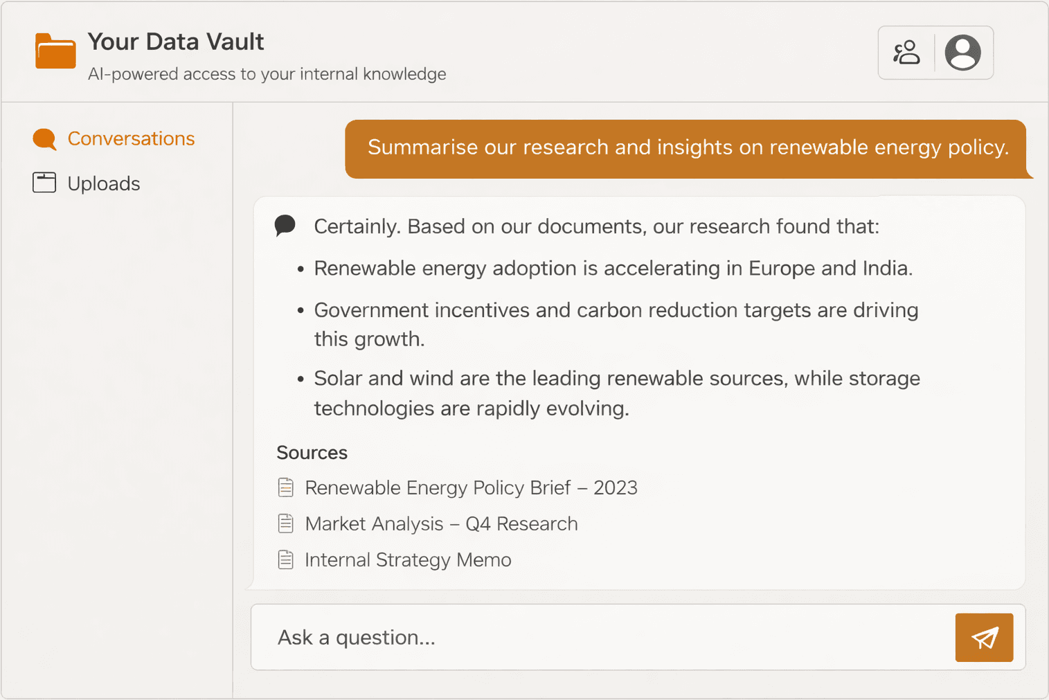 NSQTech conversational knowledge interface showing a question about renewable energy policy with structured answers and document sources