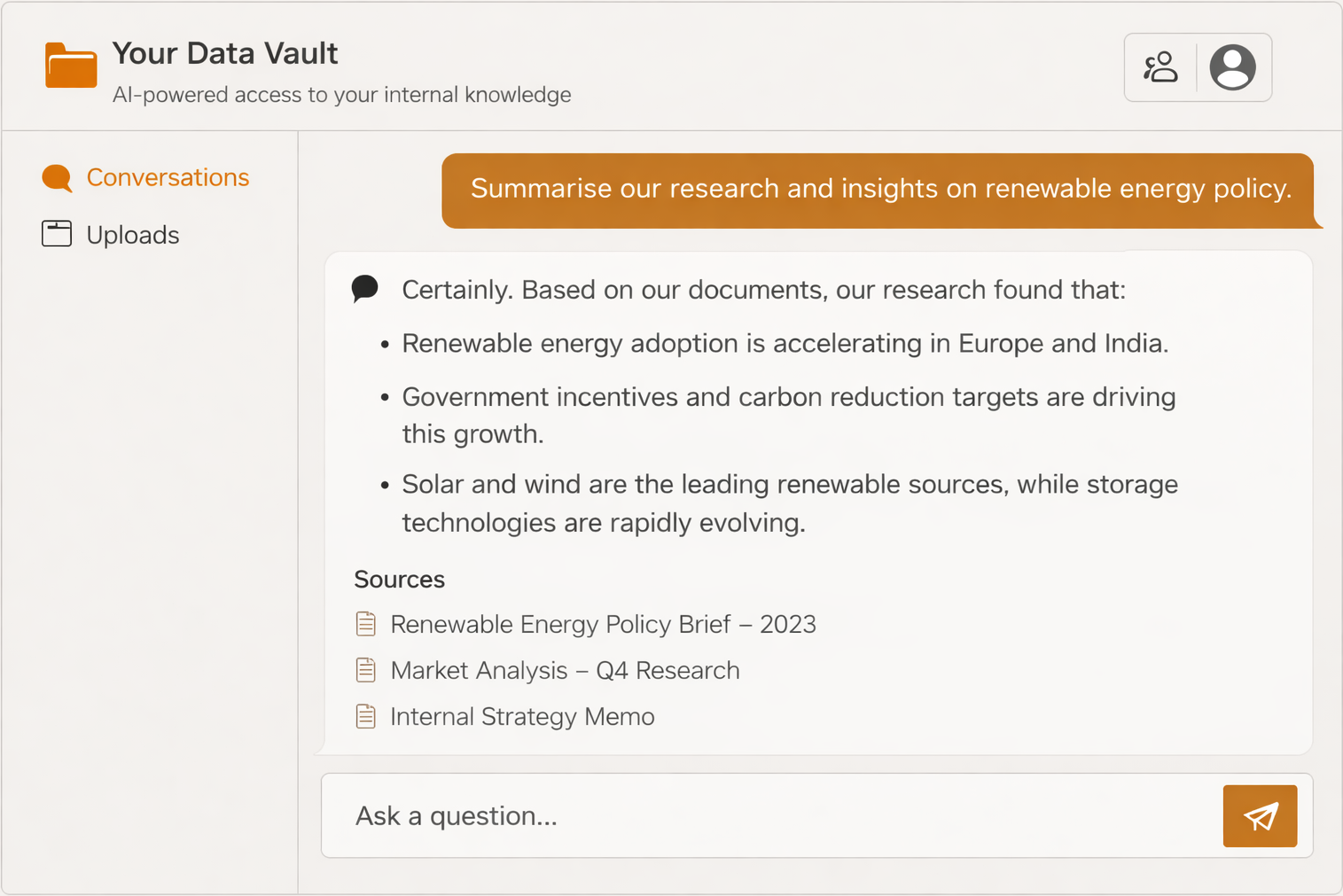 NSQTech conversational knowledge interface showing a question about renewable energy policy with structured answers and document sources